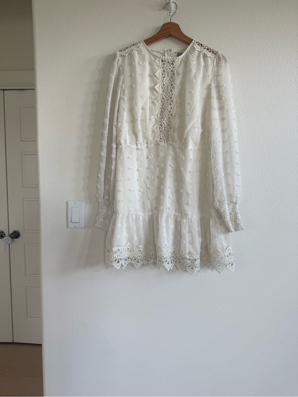 White Lace-Trim Long Sleeve Mini Dress